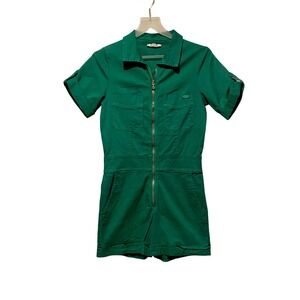 Green Romper Jumpsuit Short Sleeve Zip Front Utility Style‎ Casual